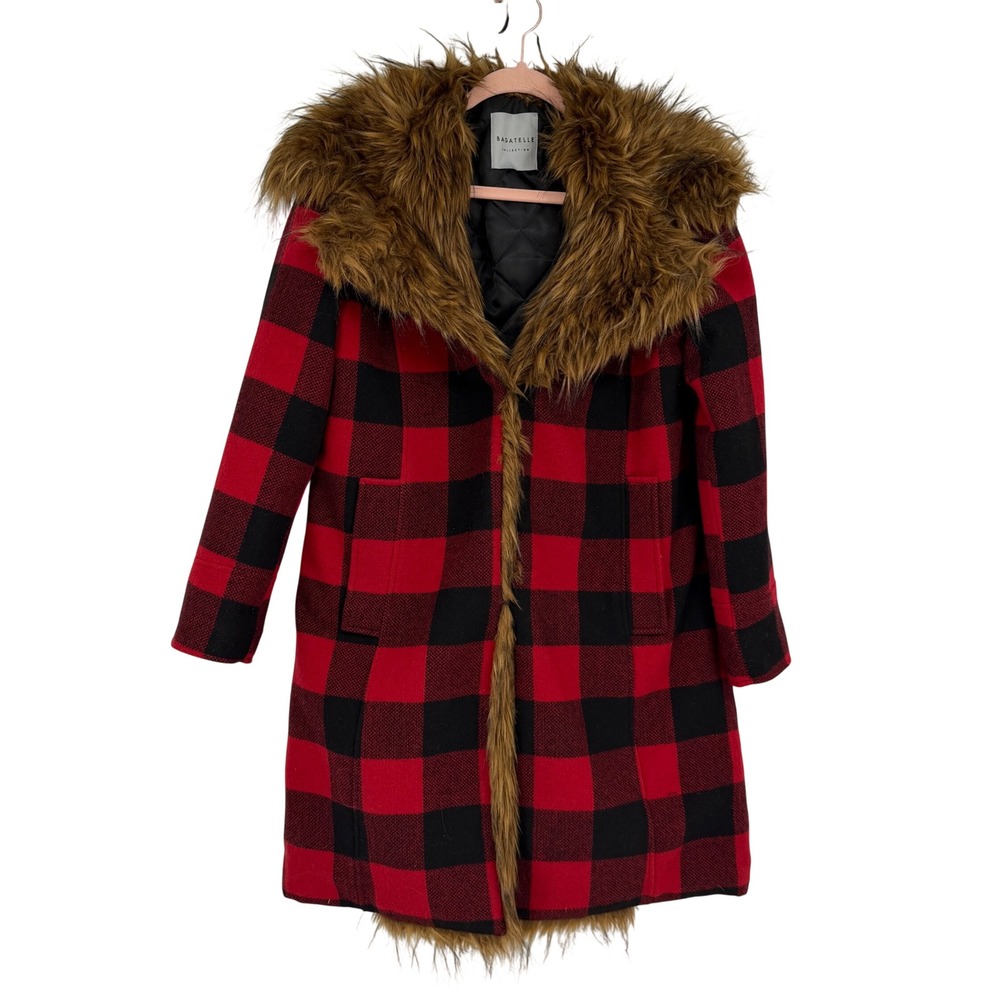 Bagatelle Collection Buffalo Plaid Faux Fur Trim Coat M Red Black Quilted